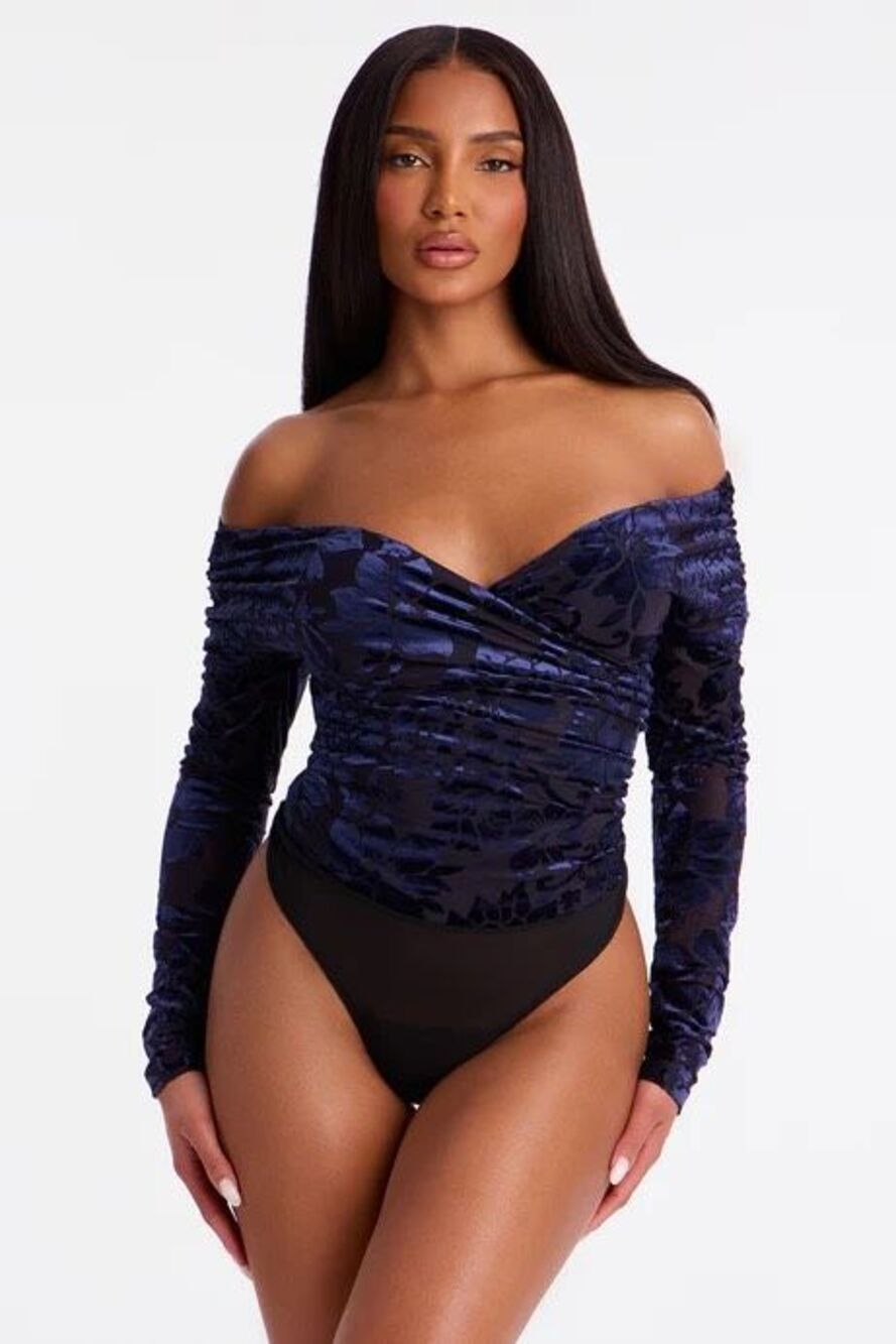 Opera House Ruched Off Shoulder Velvet Bodysuit - Blue